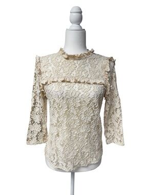 TopShop women’s Delicate Lace Ruffle-Neck Top blouse Cream size 8 floral